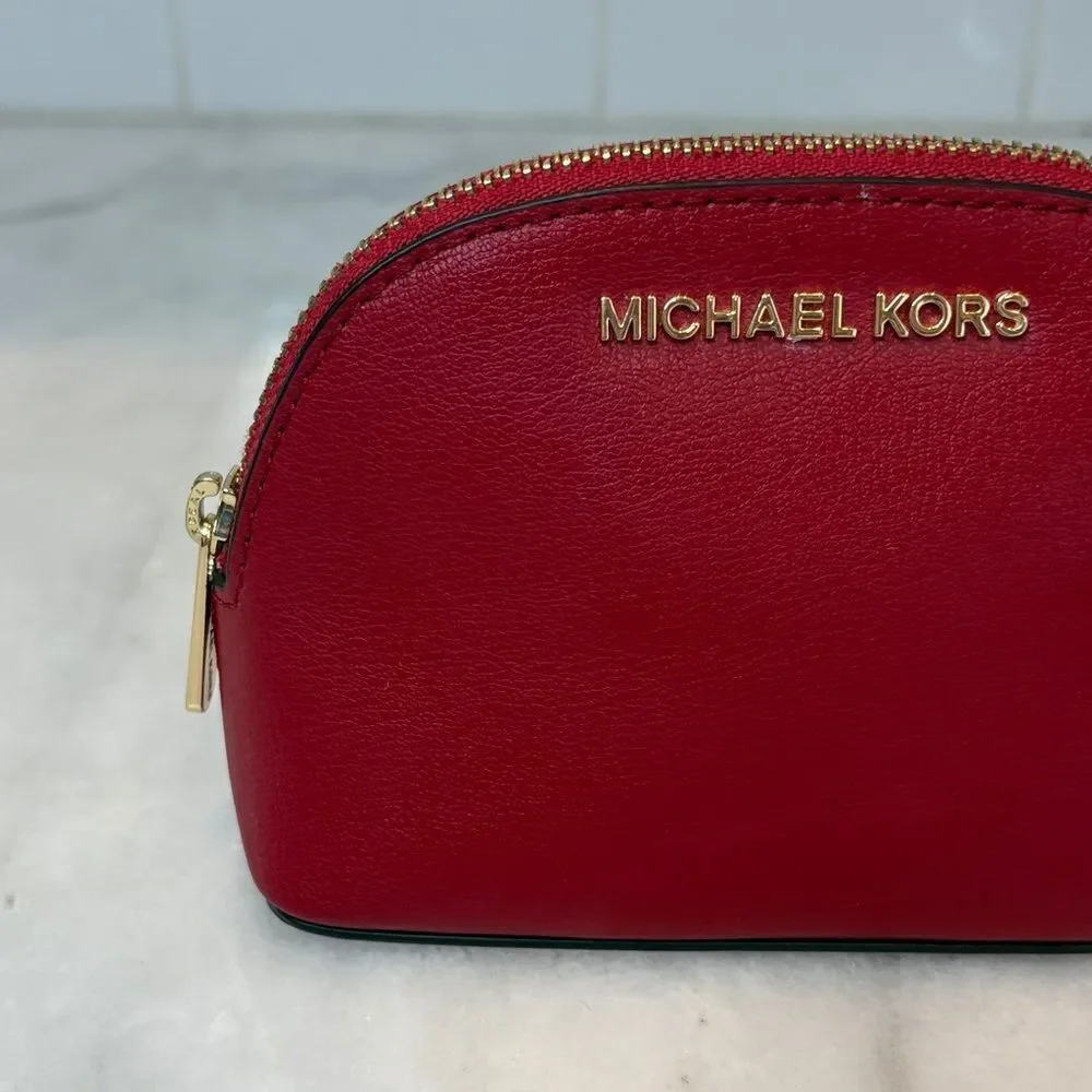 Michael Kors Travel Bag Cherry Red Leather Dome Cosmetic Case Pouch Clutch